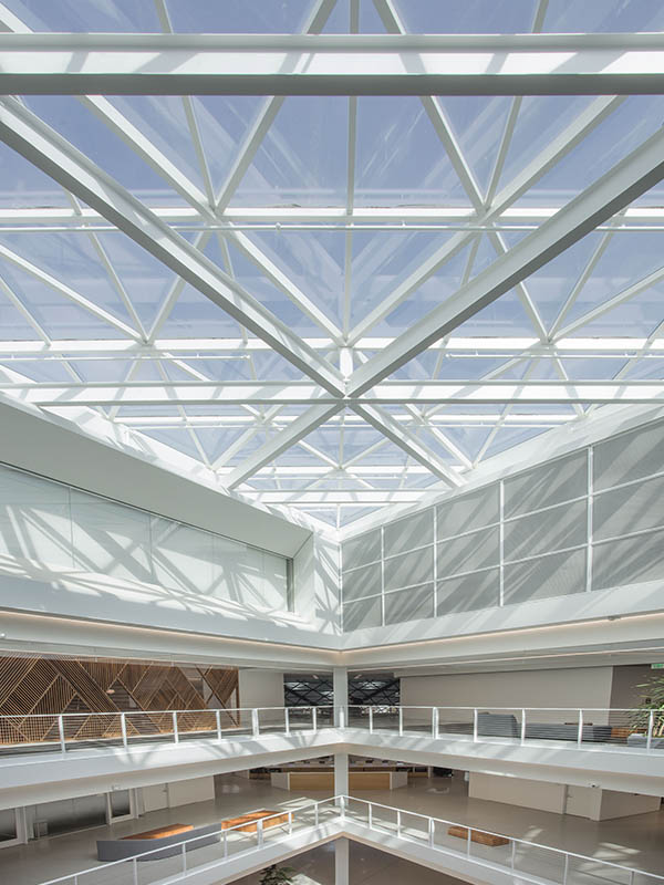 A photo of an architectural building product. The interior atrium of a large building, with a glass roof.